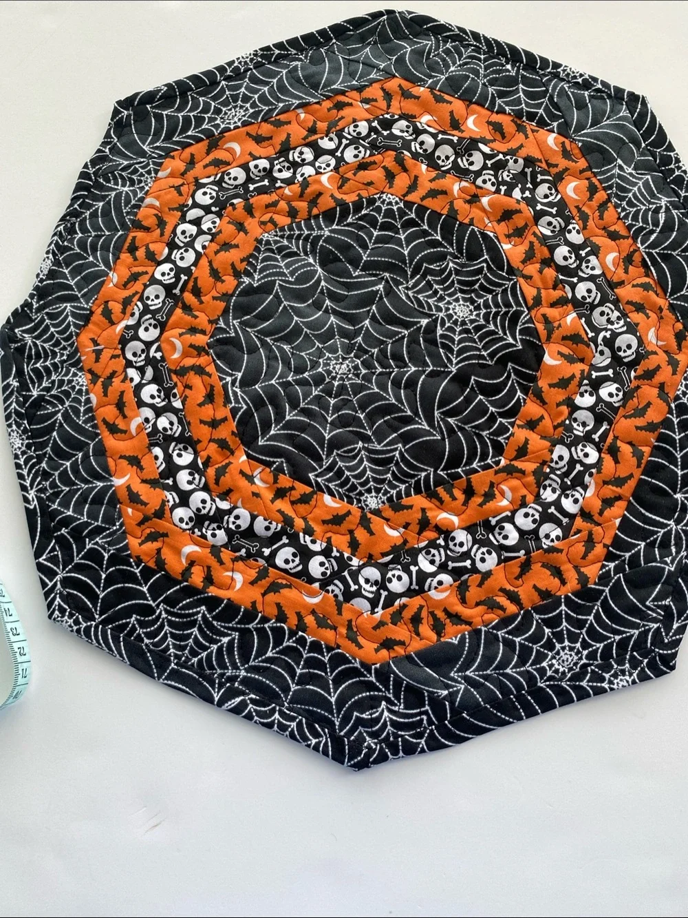 Halloween Spiderweb Quilted Table Topper - Orange & Black 14 inches wide
